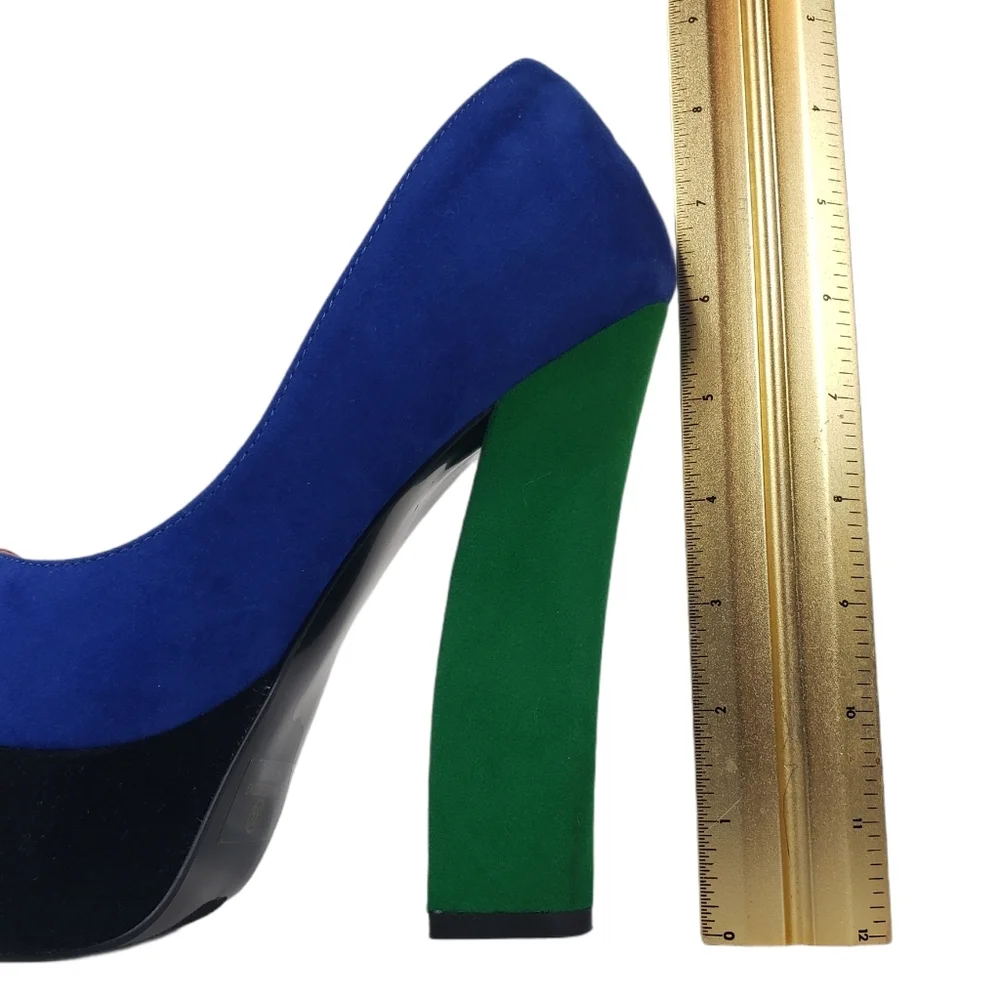 Faux Suede Colorblock Platform Heels Size 8.5 Round Toe Chunky Cosplay Costume